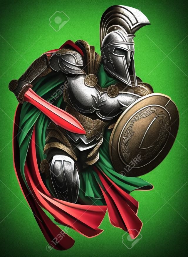 一個戰士的性格或體育吉祥物在木馬或Spartan風格頭盔手持利劍和盾牌插圖
