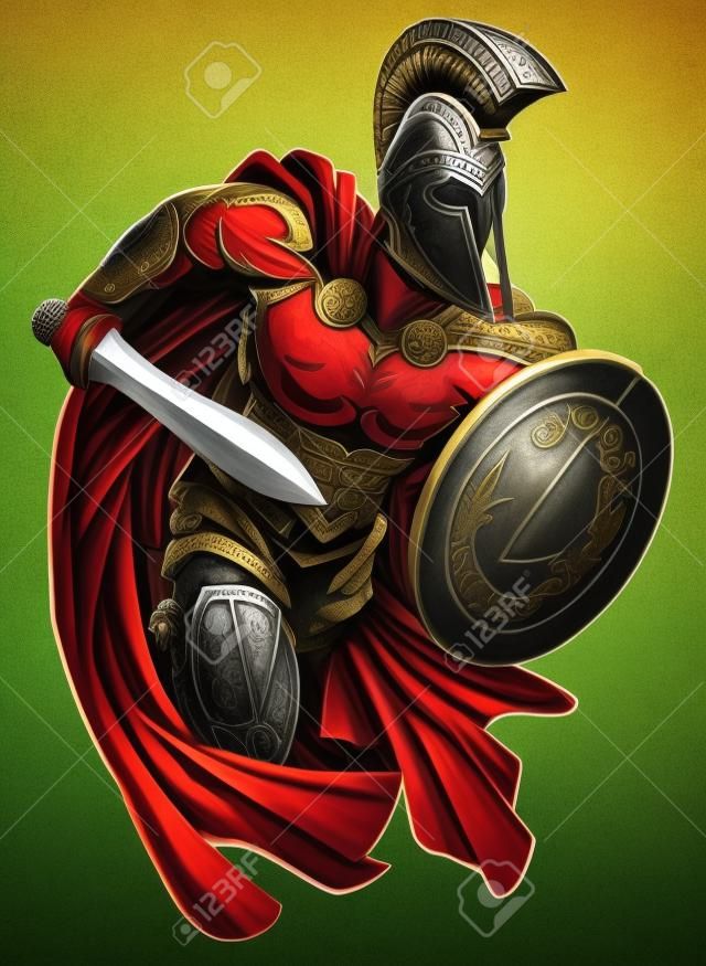 一个战士或体育吉祥物在特洛伊或斯巴达风格的头盔上举剑和盾牌的例子。