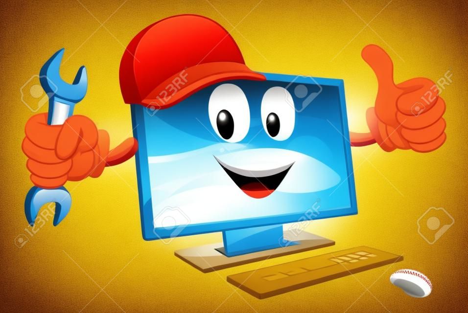 一个计算机字吉祥物头戴棒球帽，拿着扳手在大拇指
