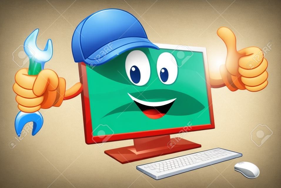 Een computer charcter mascotte draagt een baseball pet en houdt een spanner terwijl het doen van een duim omhoog