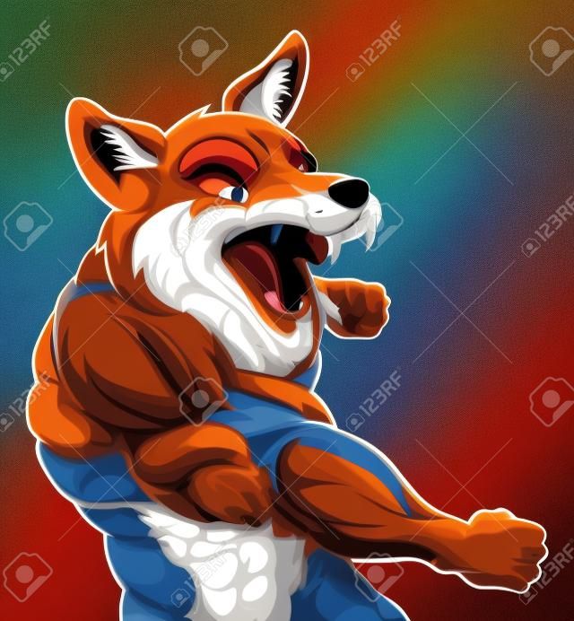 An illustration of a fox animal sports mascot cartoon character fighting