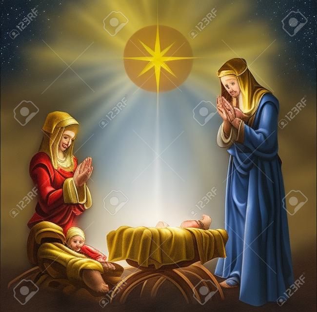 Nativity Scene of baby Jesus beneath the star in the manger with Mary and Joseph in