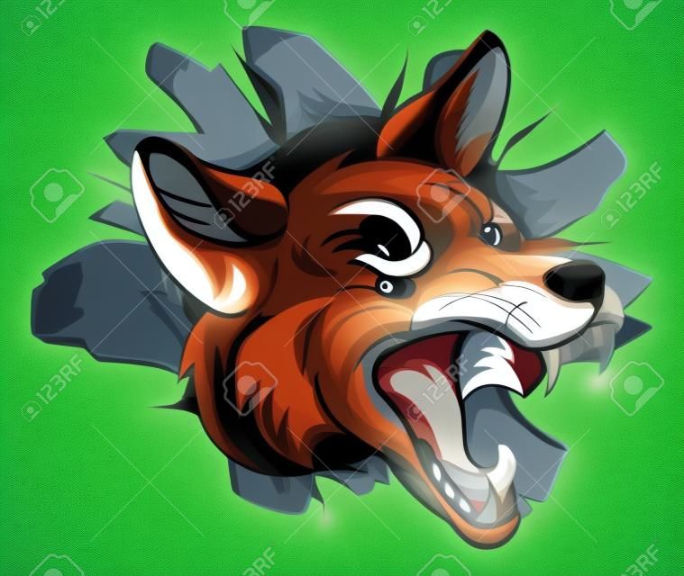 An illustration of a fox animal sports mascot cartoon character breaking through background