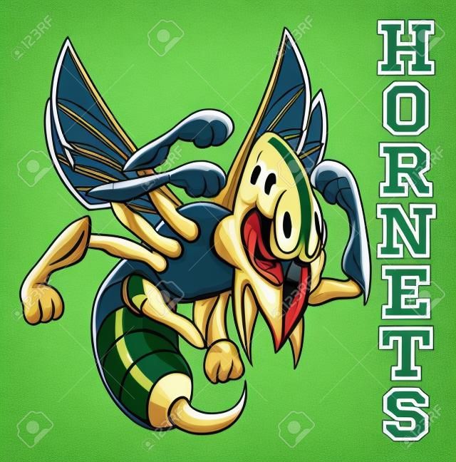 An illustration of a cartoon hornet sports team mascot with the text Hornets