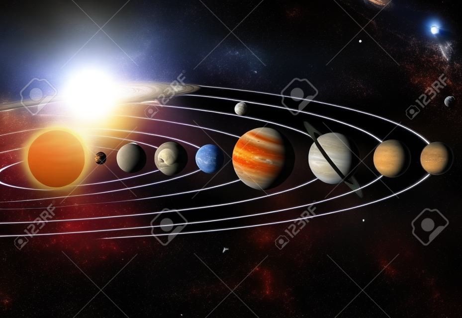 Una ilustración de los planetas de nuestro sistema solar que orbitan el sol en el espacio exterior.