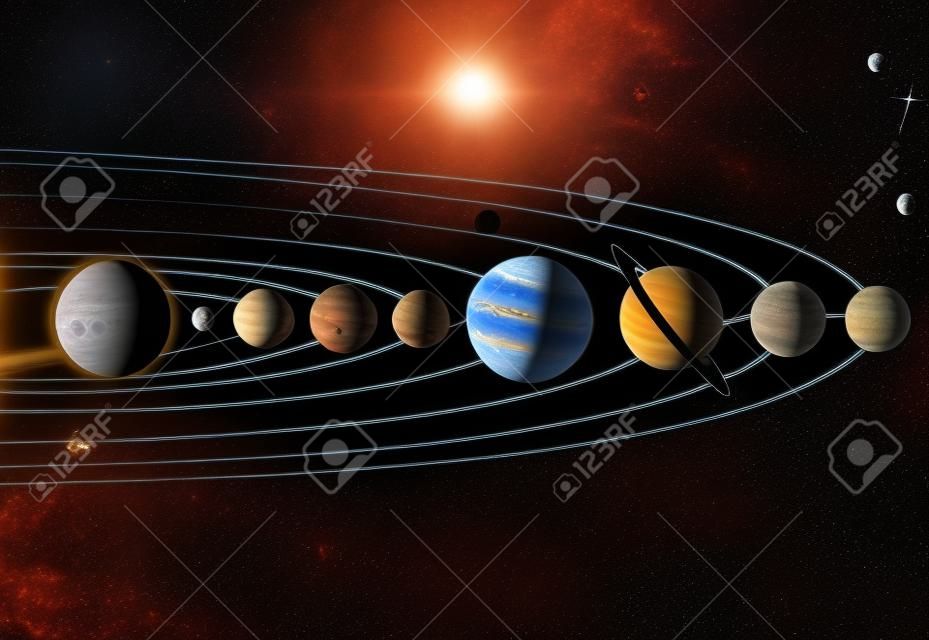 An illustration of the planets of our solar system orbiting the sun in outer space.