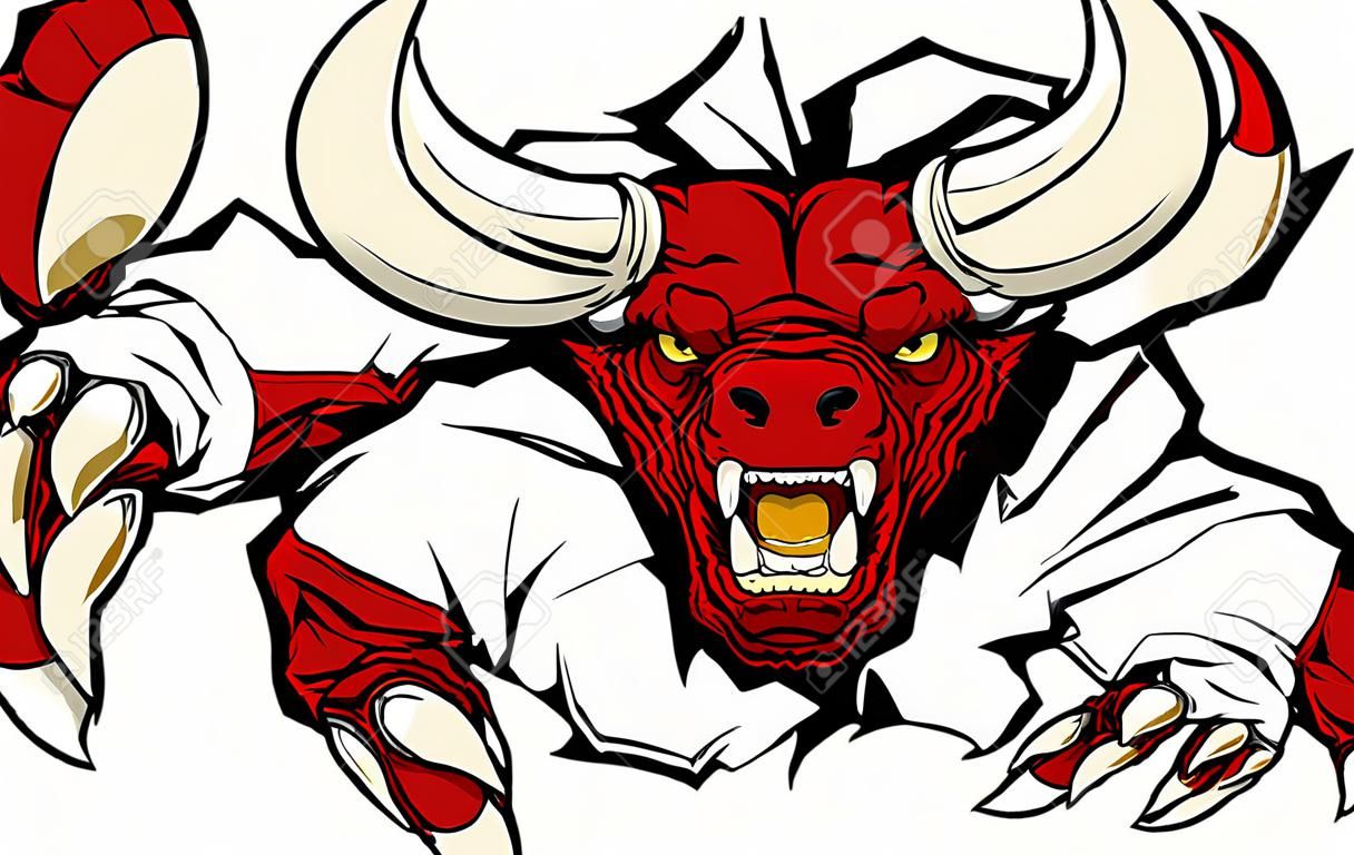 An illustration of a tough looking red bull animal sports mascot or character breaking through