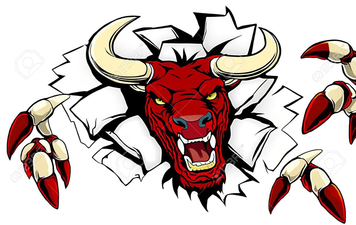 An illustration of a tough looking red bull animal sports mascot or character breaking through