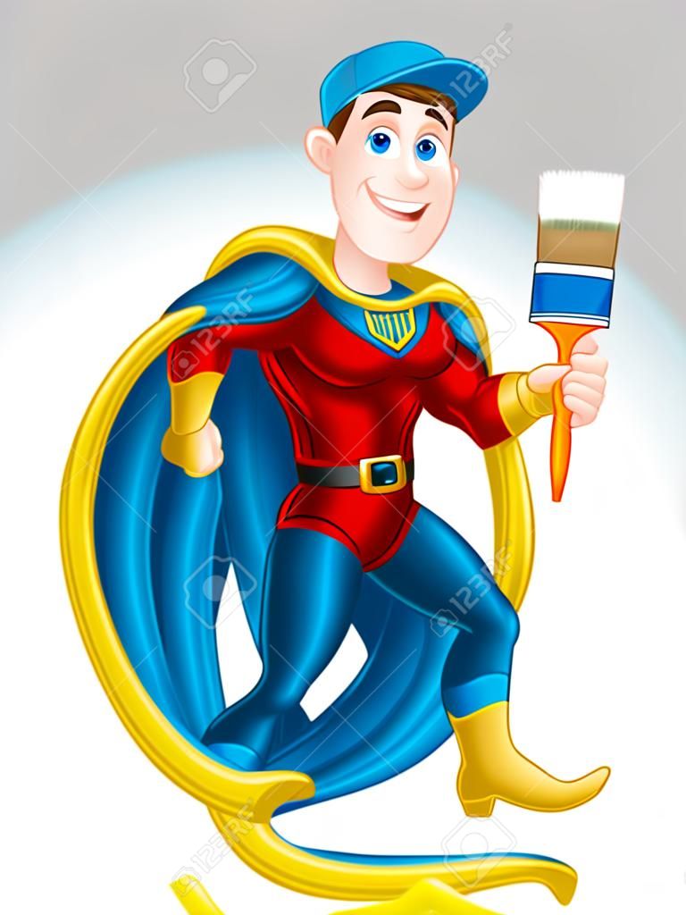 Illustration d'un décorateur de bande dessinée ou le peintre superhéros mascotte tenant un pinceau