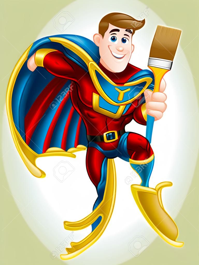 Illustratie van een cartoon decorator of schilder superheld mascotte met een penseel