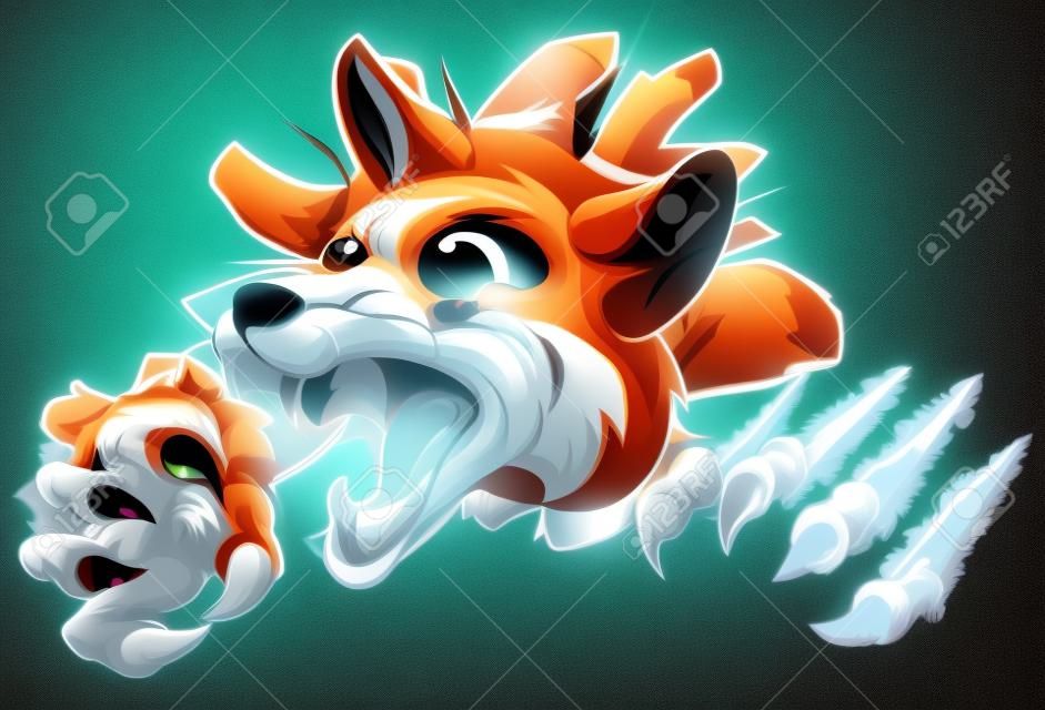 An illustration of a fox animal sports mascot cartoon character tearing through background