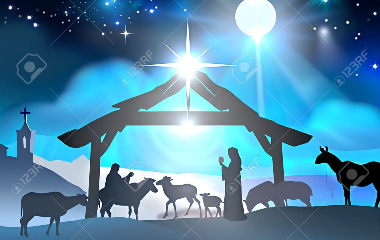 베들레헴의 도시와 거리에서 동물과 현자들에 둘러싸여 실루엣 마리아와 요셉과 구유에 아기 예수의 전통적인 기독교 크리스마스 출생 장면
