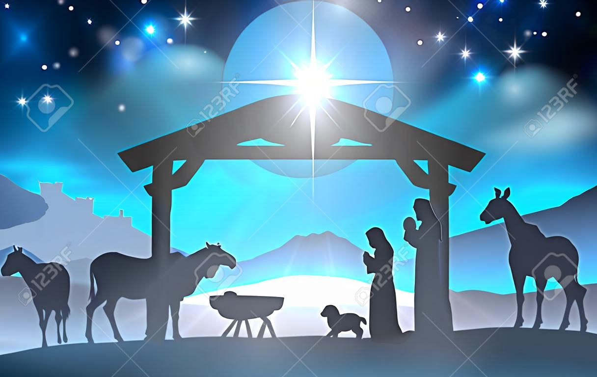 Hagyományos keresztény karácsony betlehem a kis Jézus a jászolban a Mária és József sziluettje körül az állatok és a bölcsek a távolban a város Betlehem