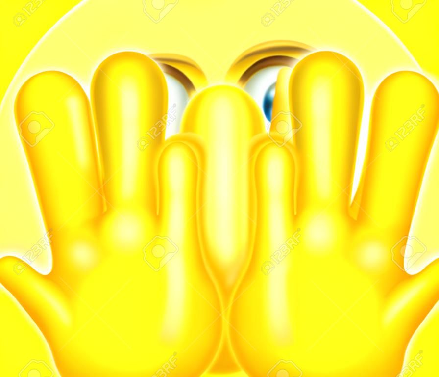 Un emoji emoticon cercando nascondersi molto spaventato dietro le sue mani