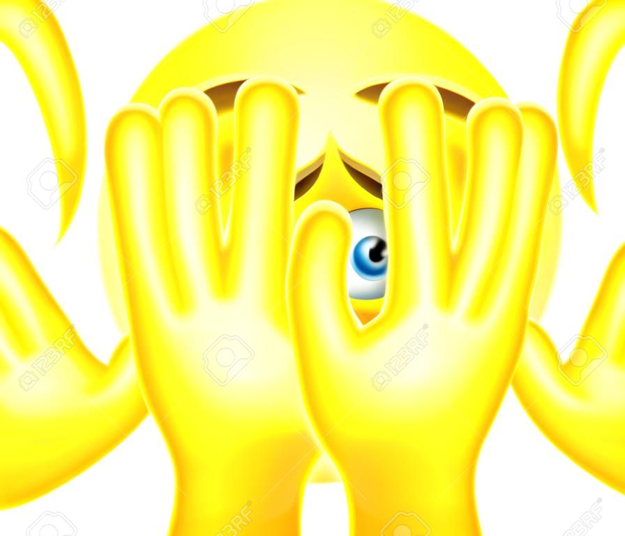 An emoticon emoji looking very scared hiding behind his hands