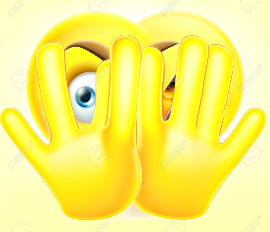 An emoticon emoji looking very scared hiding behind his hands