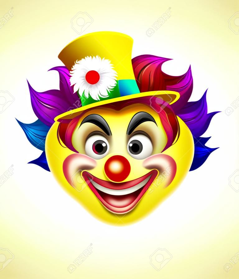 A clown cartoon emoji emoticon smiley face character with a red nose, rainbow wig, and face paint make up