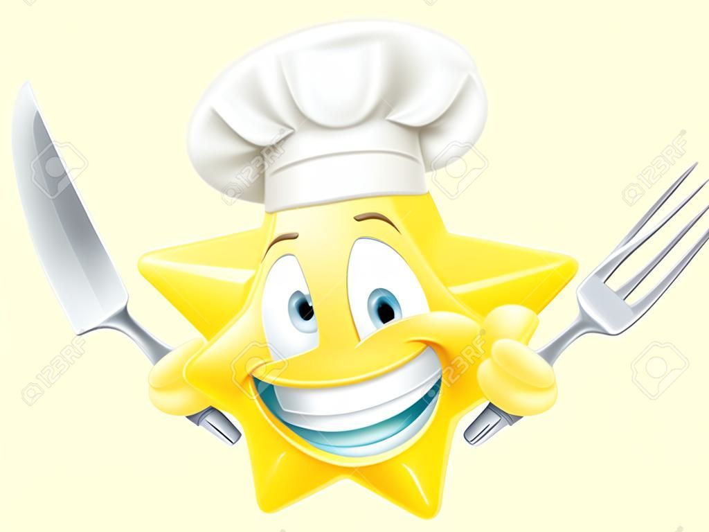 Estrella de dibujos animados emoji chef de carácter de la mascota emoticono en un sombrero de chef con un cuchillo y tenedor