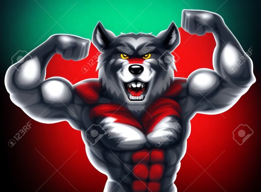 Lobo esportes mascote mostrando seu bíceps e pronto para uma luta
