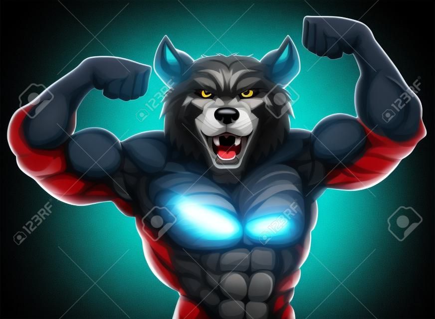 Lobo esportes mascote mostrando seu bíceps e pronto para uma luta