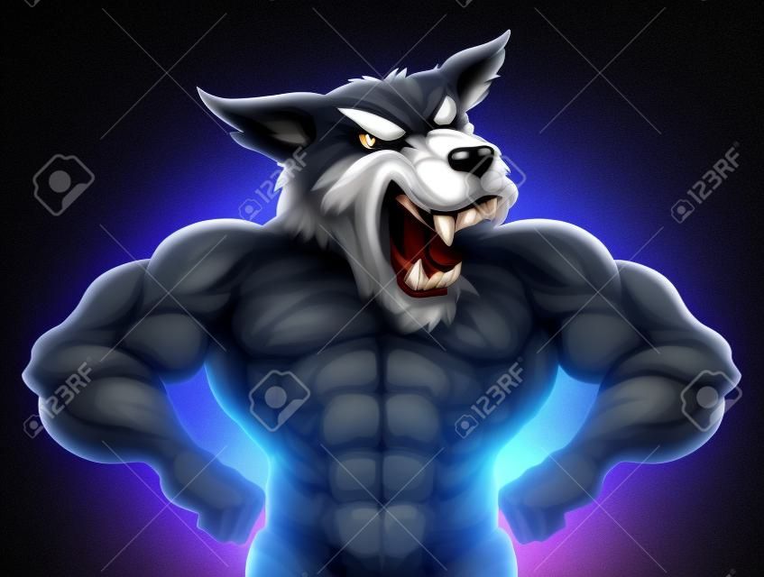 Wolf Sport Maskottchen zeigt seine Muskeln und bereit für einen Kampf