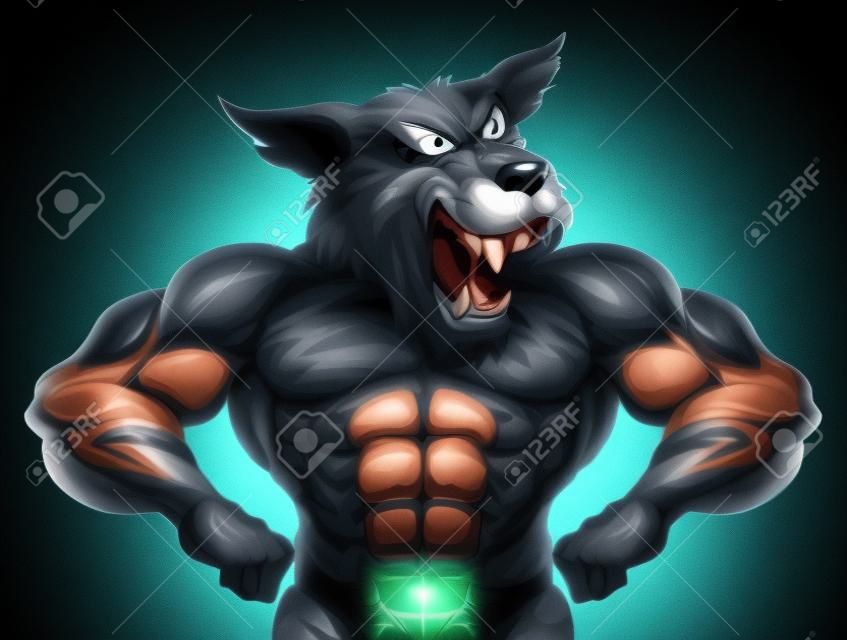 Wolf Sport Maskottchen zeigt seine Muskeln und bereit für einen Kampf