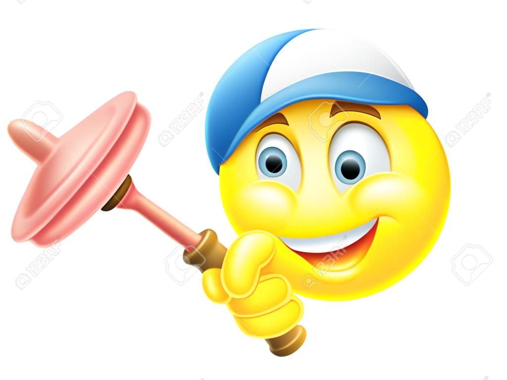 Cartoon emoji emoticon smiley gezicht loodgieter karakter met een wastafel of toilet zuiger