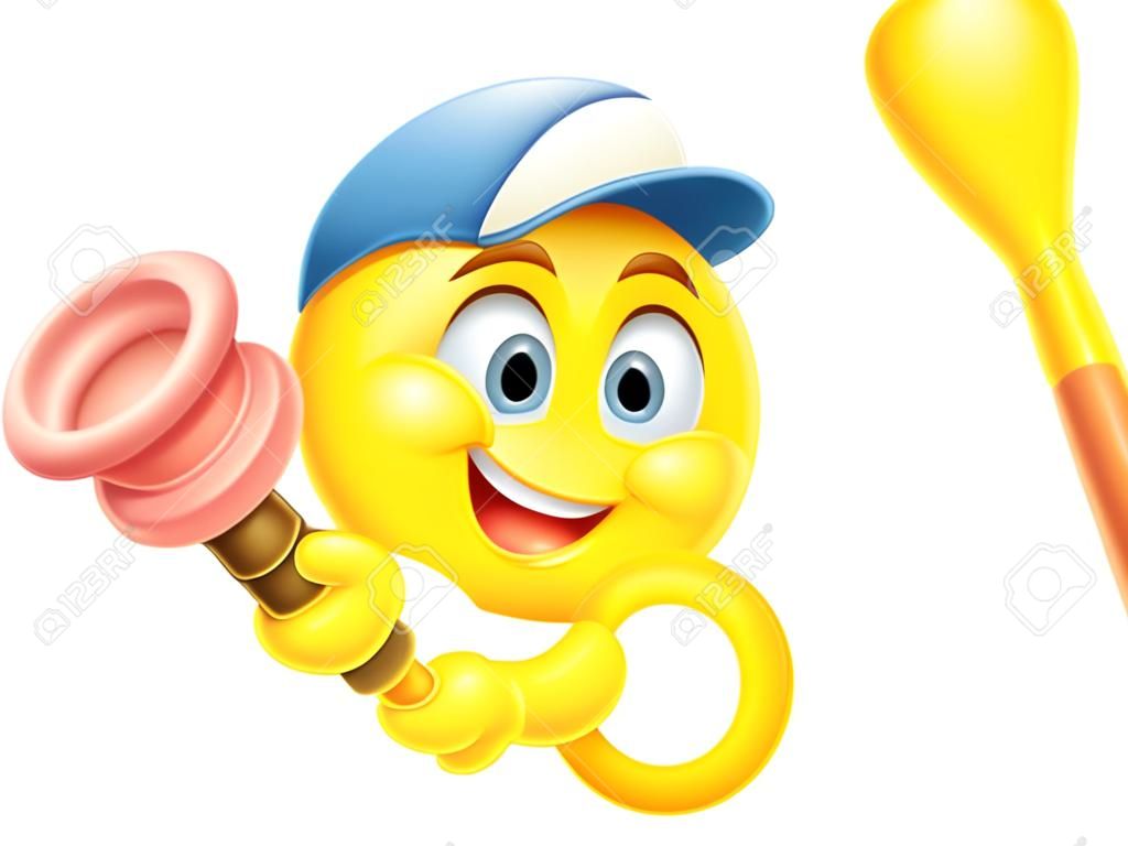 Cartoon emoji emoticon smiley face plumber character holding a sink or toilet plunger