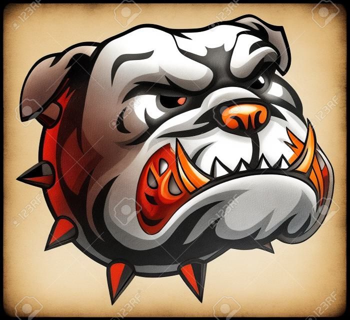 Un perro bulldog de dibujos animados malo que mira en un collar de pinchos