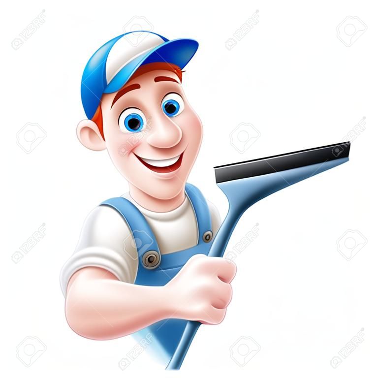 Um homem de limpeza de janela de desenho animado em um chapéu de boné e macacões azuis segurando uma ferramenta de squeegee