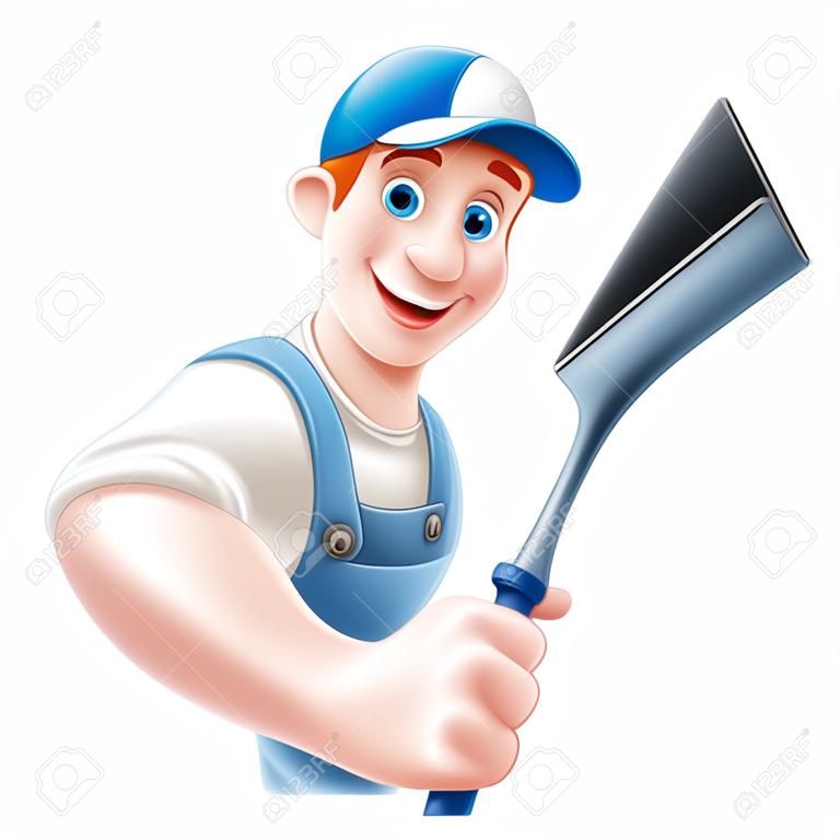 Um homem de limpeza de janela de desenho animado em um chapéu de boné e macacões azuis segurando uma ferramenta de squeegee