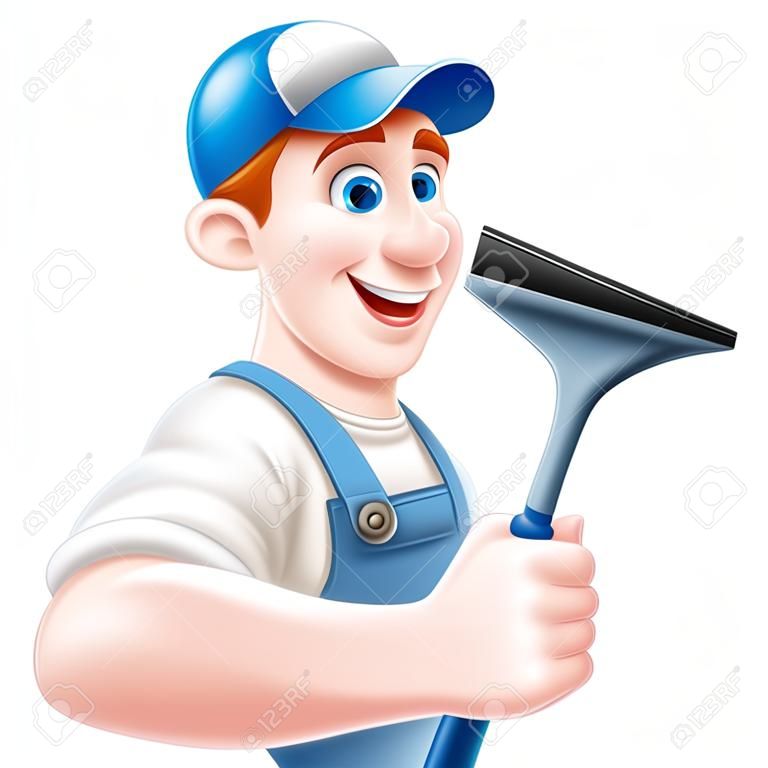 拿着刮板工具的帽子和蓝色工作服的卡通窗户清洁工人