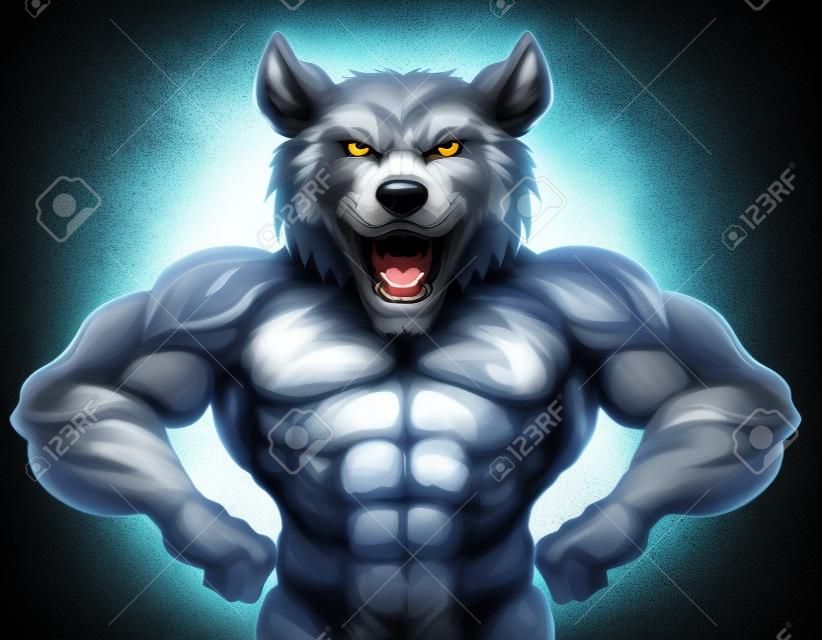 Wolf Tier Maskottchen zeigt seine Muskeln und bereit für einen Kampf