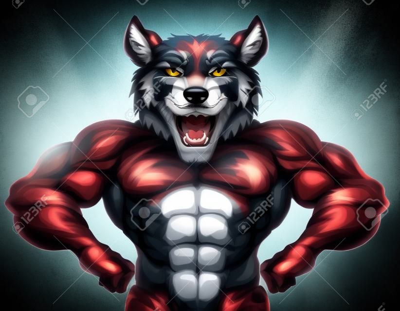 Wolf animal mascot showing off his muscles and ready for a fight