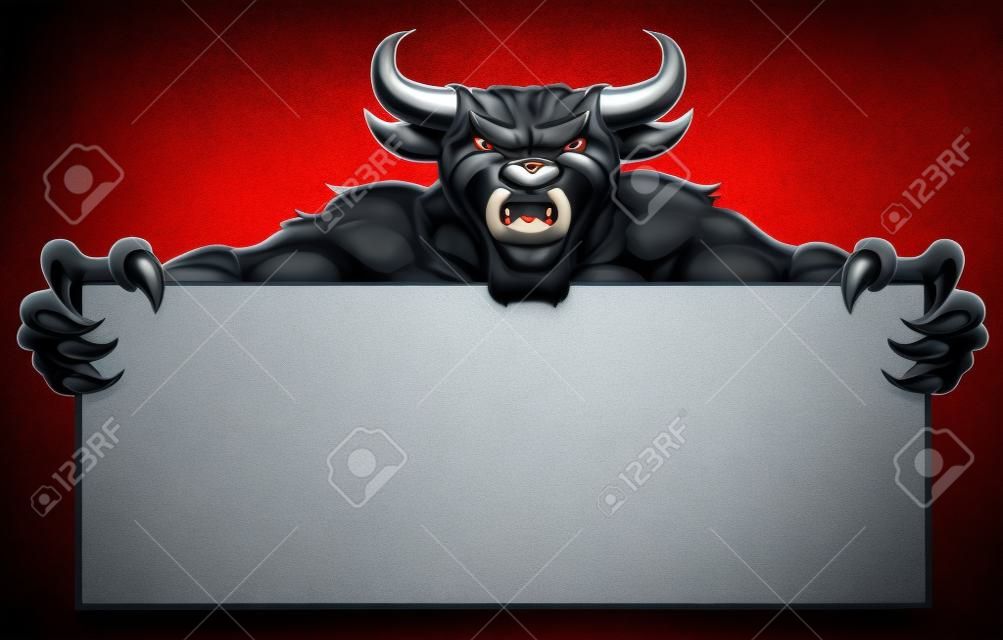 A mean looking bull sports mascot holding a sign