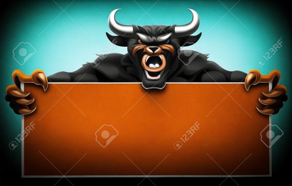 A mean looking bull sports mascot holding a sign