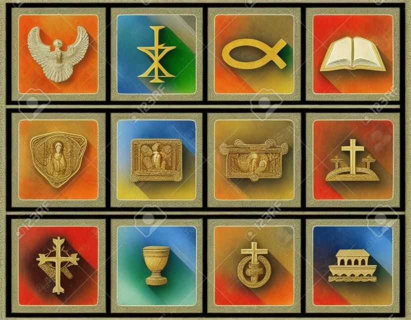 Un conjunto de iconos y símbolos religiosos cristianos inclusing Arca de Noé, pescado y cruz