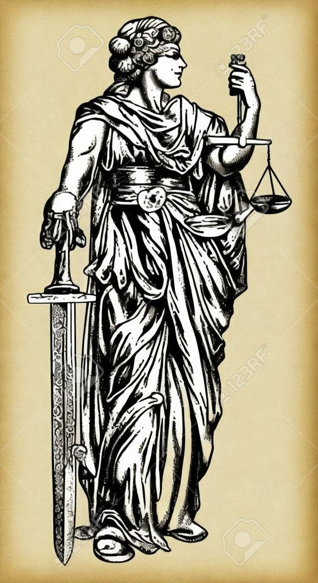 An original illustration of Lady Justice holding scales and sword and wearing a blindfold in a vintage woodblock style