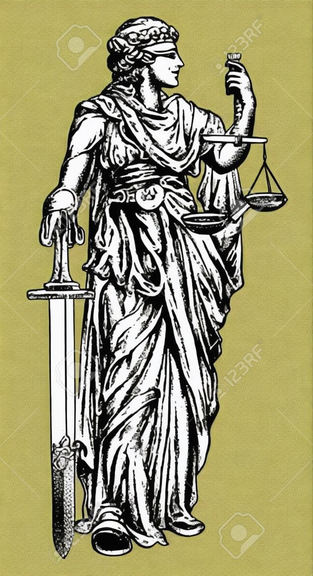 An original illustration of Lady Justice holding scales and sword and wearing a blindfold in a vintage woodblock style