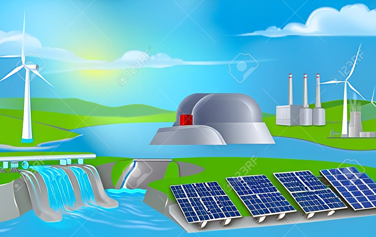 Energy or power generation sources illustration. Includes renewable sources such as hydro dam, solar and wind also nuclear and coal power plants