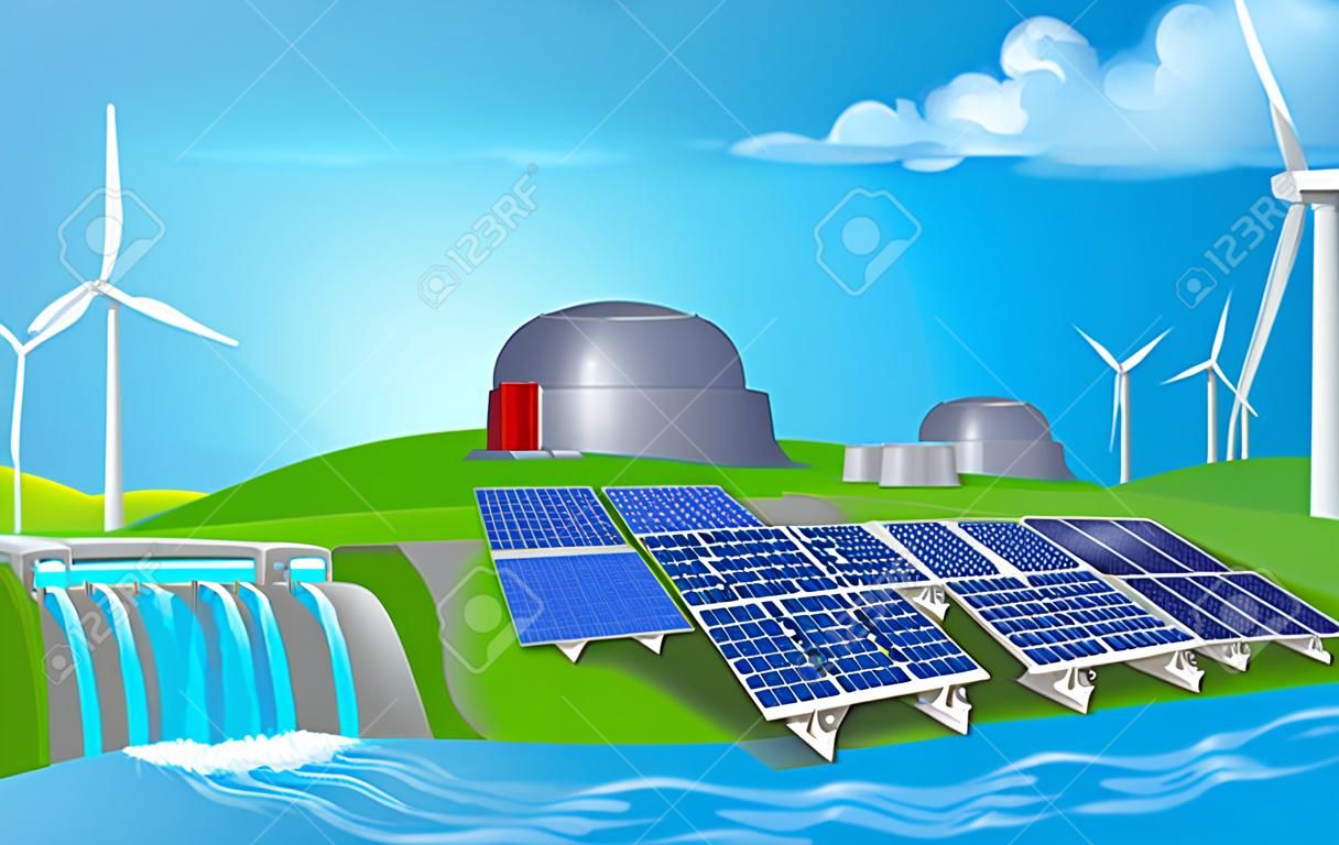 Energia vagy villamos energia termelés illusztráció. Olyan megújuló forrásokból, például a vízenergia dam, nap- és szélenergiát is atom- és szénerőművek