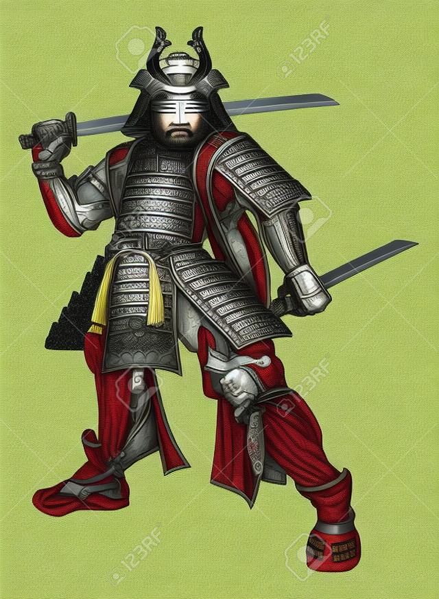 Uma ilustração de um guerreiro samurai japonês de pé e segurando duas espadas