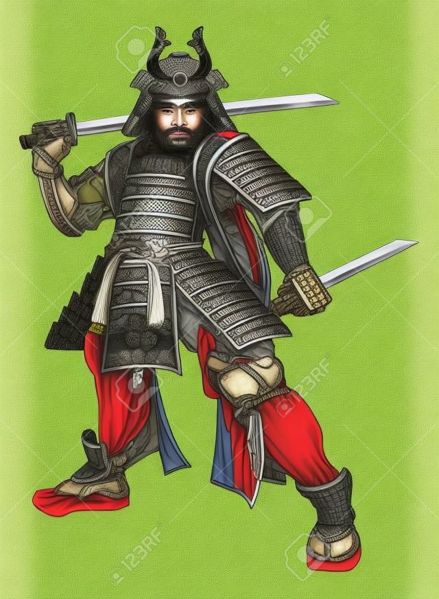 An illustration of a Japanese samurai warrior standing and holding two swords