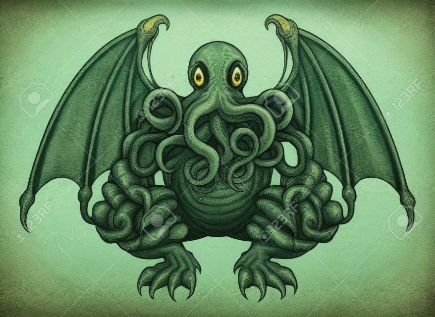 An original illustration of a Cthulhu monster in a woodblock style