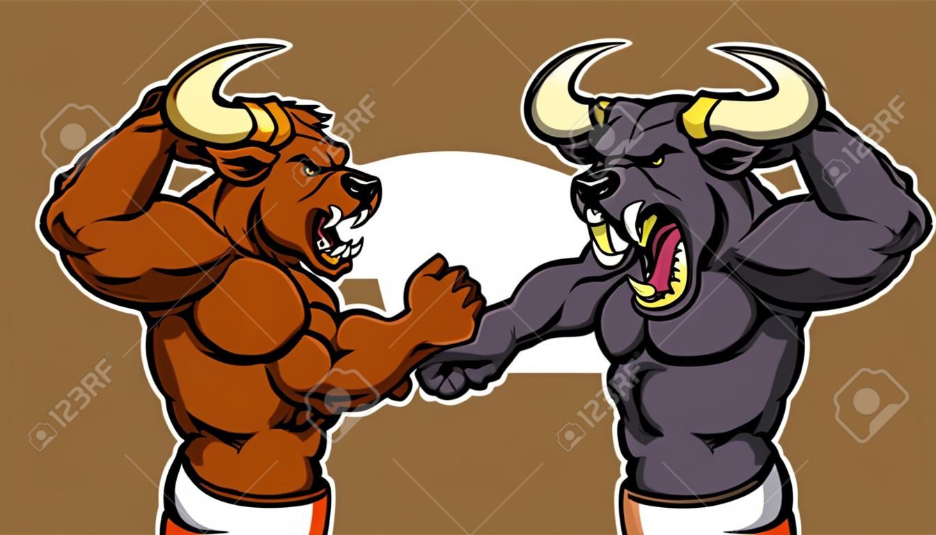 A cartoon bear fighting a cartoon bull mascot character standing for the bears versus bulls stock market metaphor