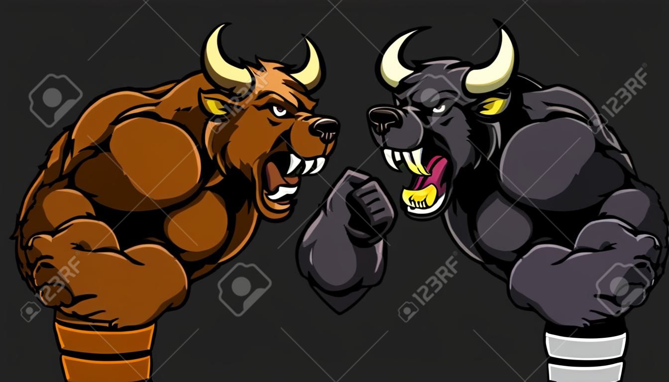 A cartoon bear fighting a cartoon bull mascot character standing for the bears versus bulls stock market metaphor