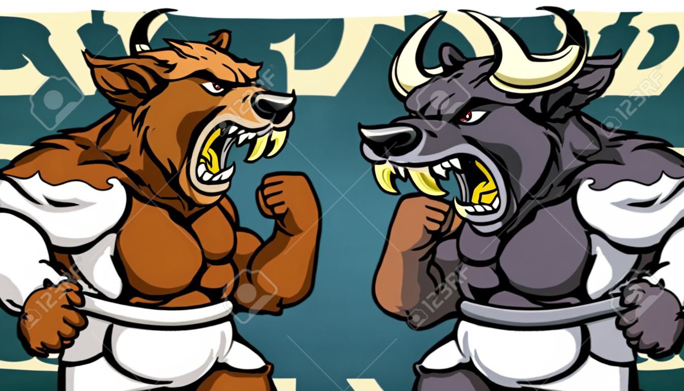 Ein Cartoon-Bär, der einen Cartoon-Stier-Maskottchen Charakter kämpfen für die Bären gegen Stiere Aktienmarkt Metapher stehen