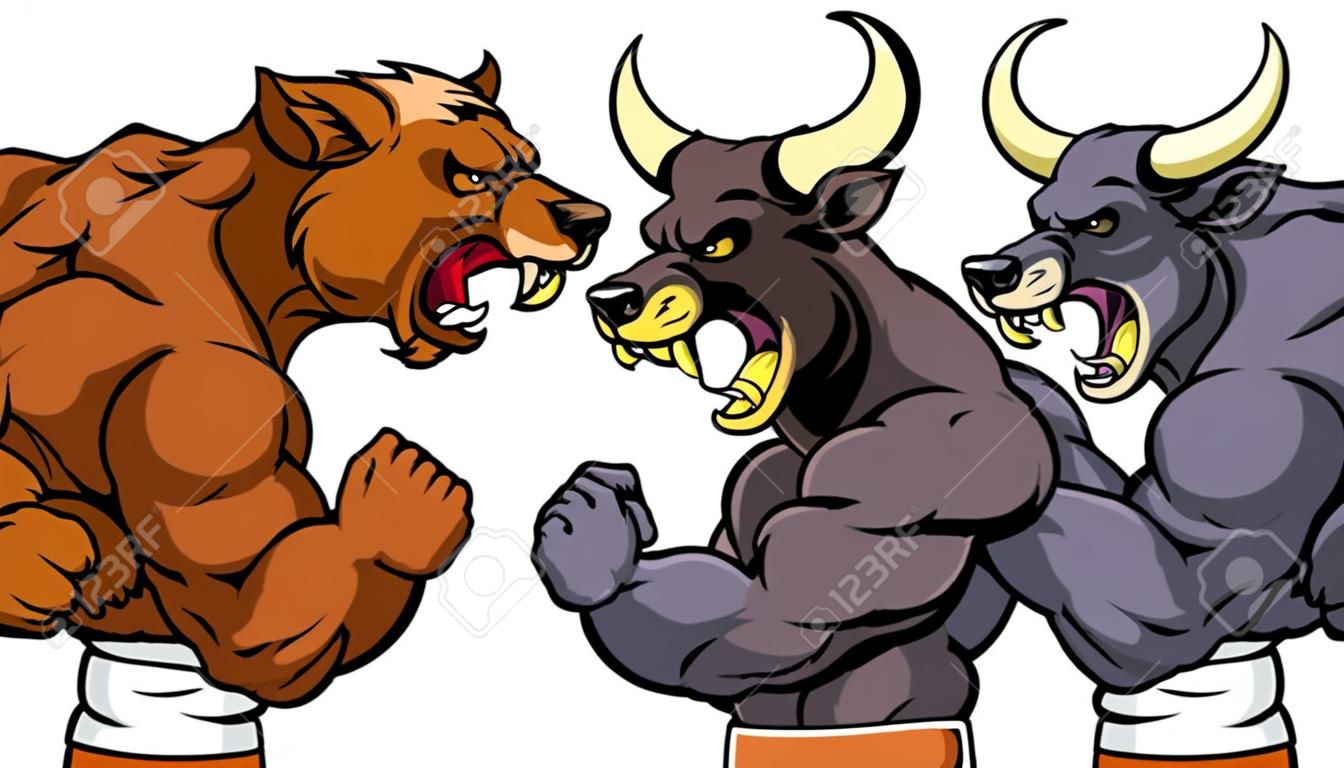 Мультфильм медведь борется мультфильм быка талисман символ, стоящий для медведей против быков фондового рынка метафора