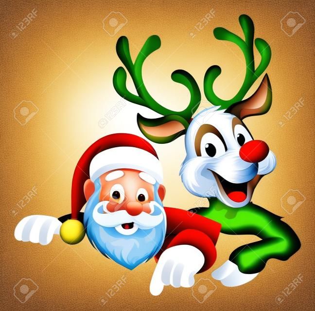 An illustration of a cute cartoon Santa and Christmas reindeer pointing at a sign