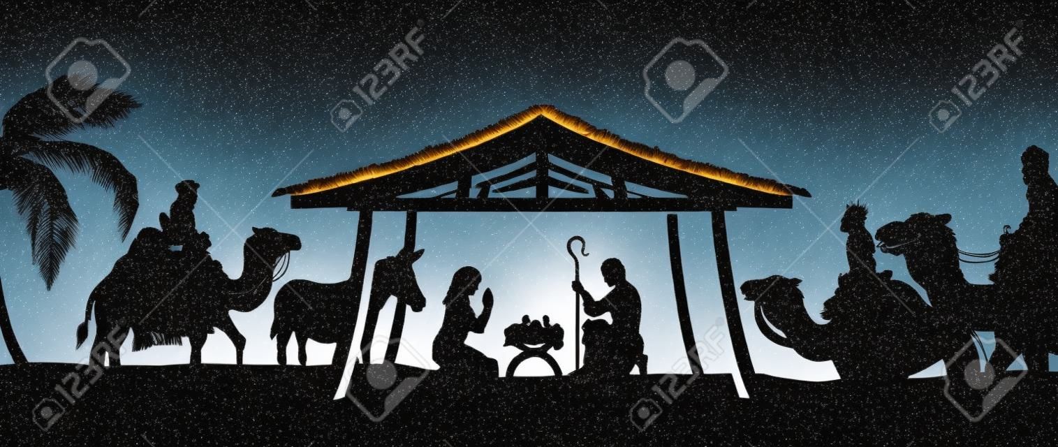 Kerstmis Scene van baby Jezus in de kribbe met Maria en Jozef in silhouet omringd door de dieren en de drie wijzen